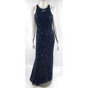 Paul Rekhi Prom Dress Gown Sz 10 Blue Sequin Floral Floor Length Mermaid Formal